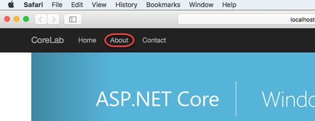 Screenshot showing a browser window to test the site, highlighting the About option.