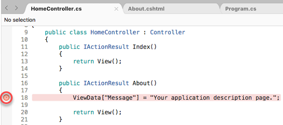 Screenshot showing the About method with a breakpoint set.