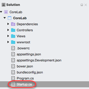 Screenshot of the solution with the C# class file named Startup selected.