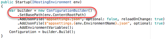 Screenshot of the Startup method, showing a statement initializing a variable named builder with type ConfigurationBuilder.