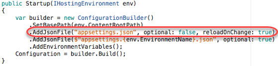 Screenshot of the Startup method, showing the builder variable using the AddJsonFile method to add the json file named appsettings.