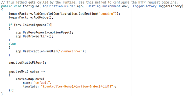 Screenshot showing the Configure method in the Startup class.