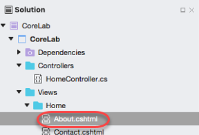 Screenshot of solution project with the C S H T M L file named About selected.