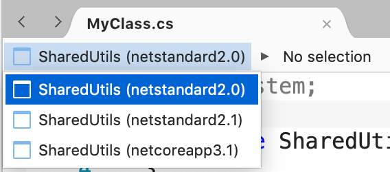 Using the target framework selector to change the target framework, located at the top of the editor window