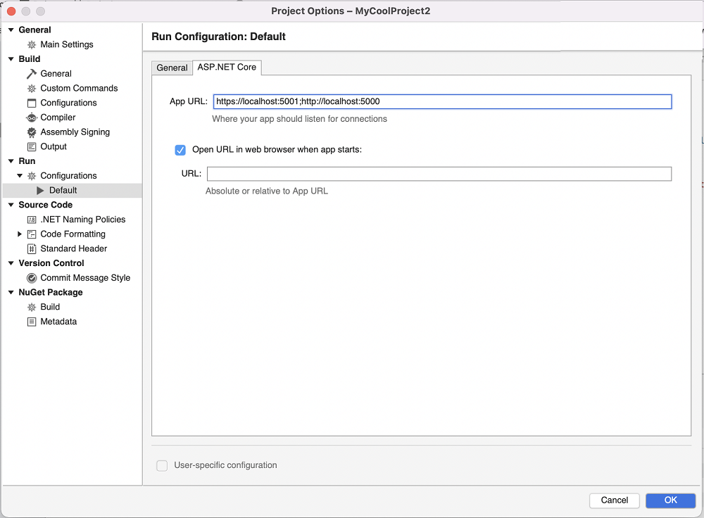 Application URL in project options to configure the URL that the application will be started with.