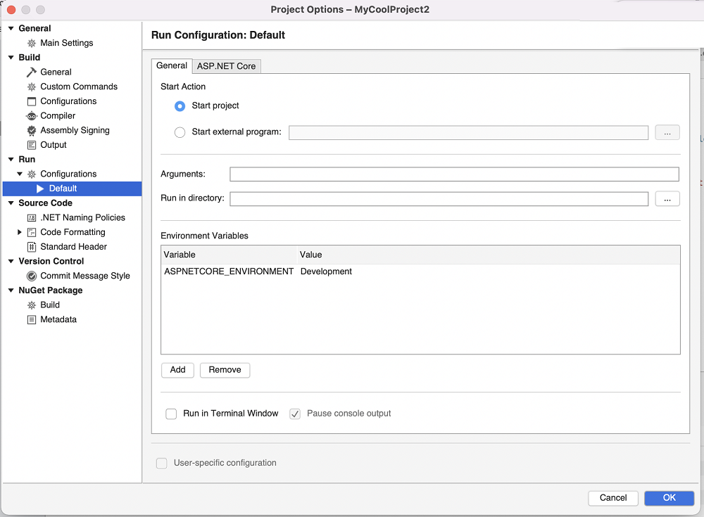 "Run," "Configurations," and "Default" in project options to update the start configuration by using Visual Studio for Mac.