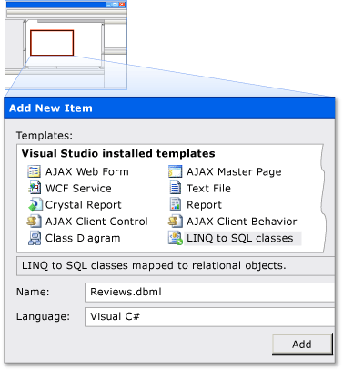 Add LINQ to SQL item named Reviews.dbml