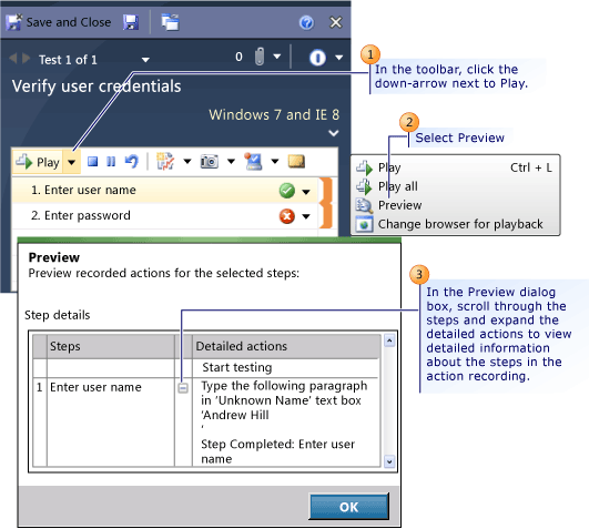 Preview action steps in a previously loaded test
