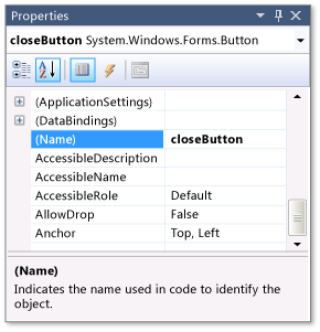 Properties window with closeButton name