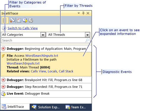 Debug History window showing diagnostic events