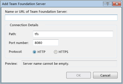 Add Team Foundation Server dialog box for TFS 2010