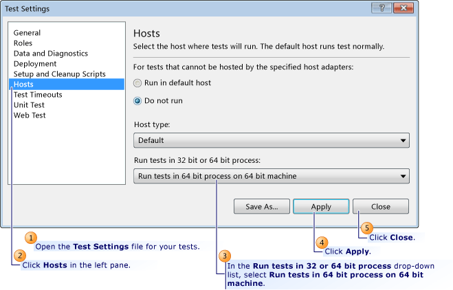 Configuring test setting for 64-bit