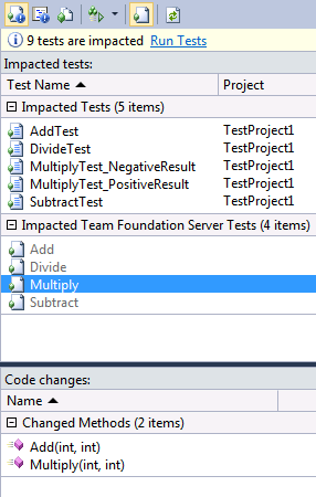 TFS test cases shown in Test Impact View