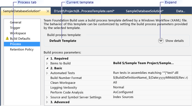 Process tab for new build definition