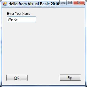 Hello from Visual Basic 2010 window