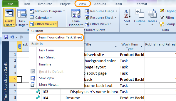 Open Team Foundation Task View in Project