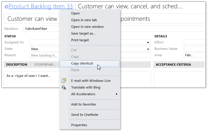 Copy shortcut link to a work item