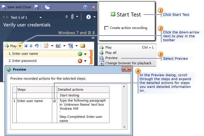Preview action steps in a loaded test