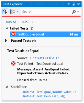 Unit Test Explorer showing failed test for equal