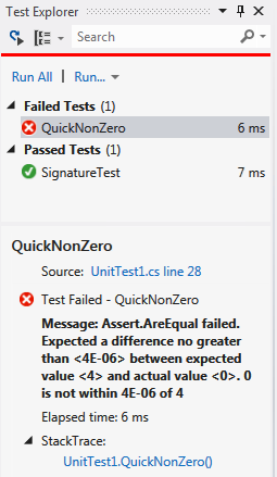 Unit Test Explorer with one failed test
