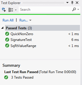 Unit Test Explorer with three passed tests