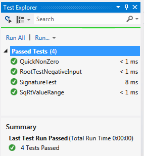Unit Test Explorer with four passed tests