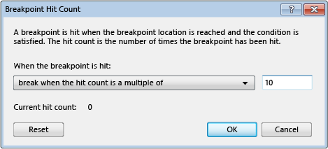 Breakpoint Hit Count dialog box