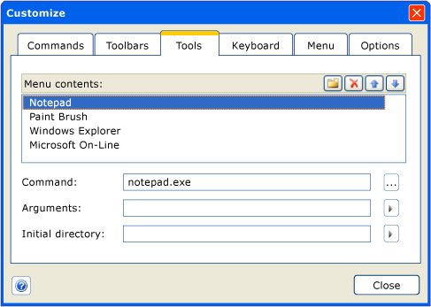 Tools tab in the Customize dialog box