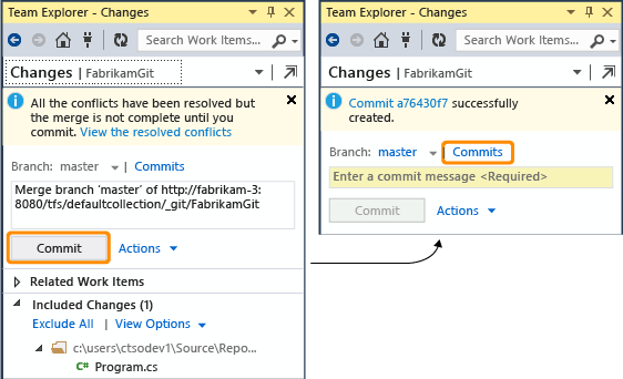 The Changes page with merge change ready to commit