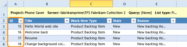 Published work item IDs show in Excel