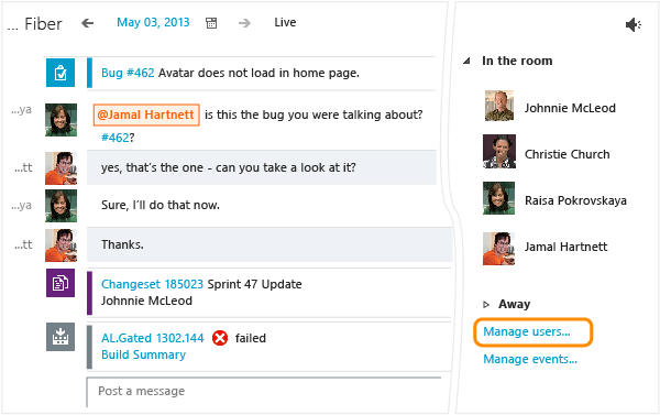 Manage users link on the team room page