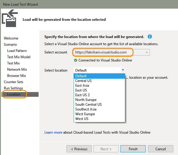 Select VSO account + load test location