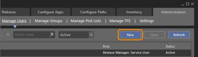 Administration tab, Manage Users, New button