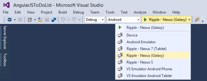 Selecting the Ripple emulator
