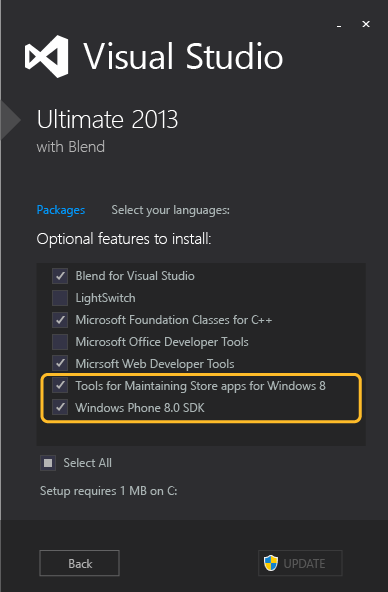 Install Visual Studio optional features