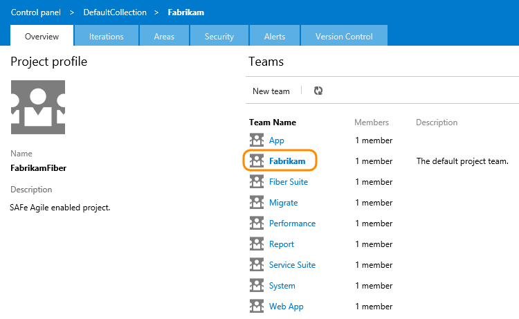 Overview tab, choose default team
