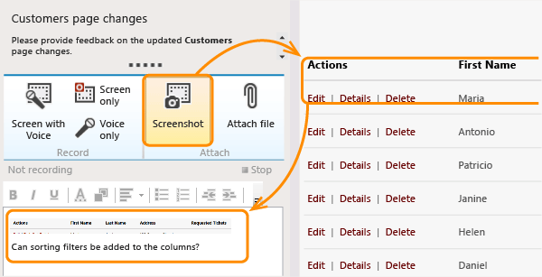Screenshot icon and comment text box on Provide page