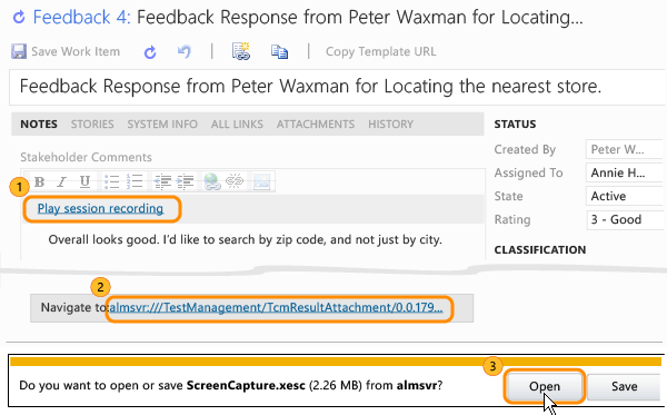 Play session recording link on Feedback Response work item form. URL link to recording. Open button on Do you want to open or save recording file dialog box.
