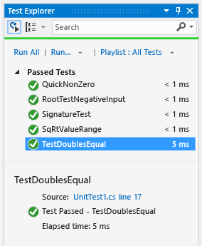 Unit Test Explorer showing passed test for equal