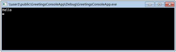 Hello text in the Windows Command Prompt window