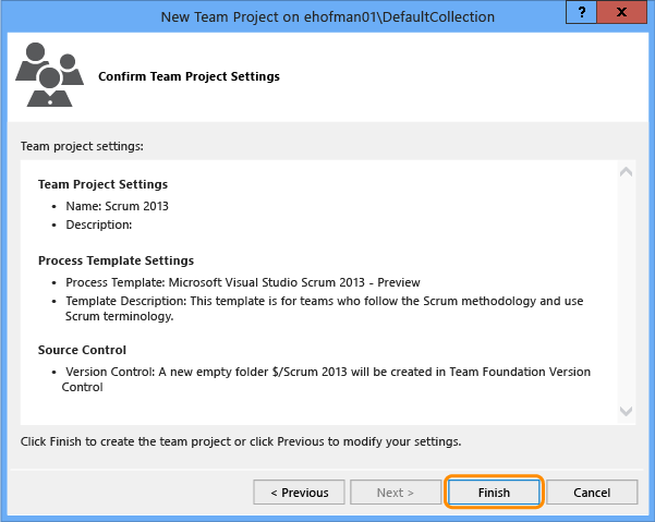 Confirm Team Project Settings page in the New Team Project dialog box