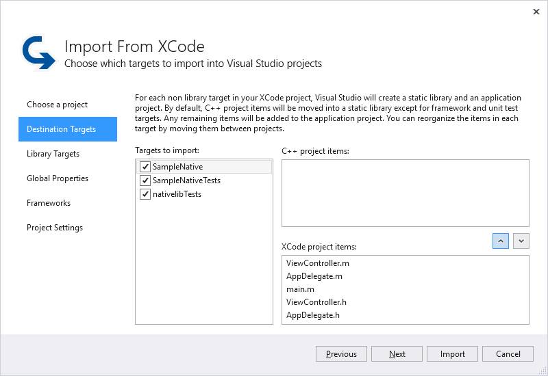 Import from XCode wizard Destination Targets pane