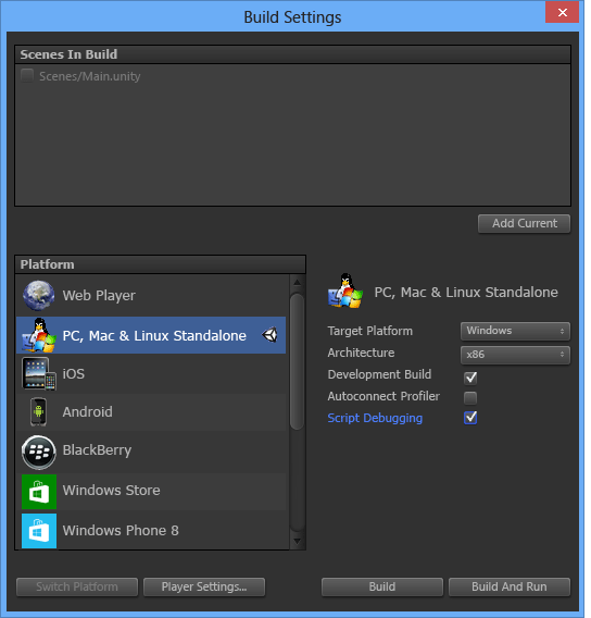 Configure the Unity build settings for debugging.