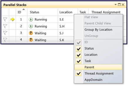 Shortcut view menu in Parallel Tasks window
