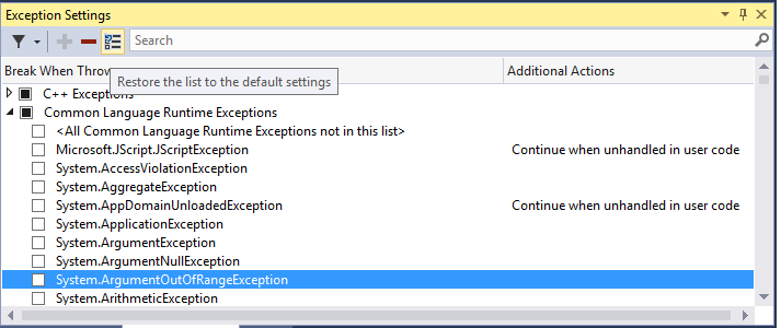 Restore defaults in Exception Settings