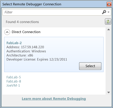 Select Remote Debugger Connection dialog box