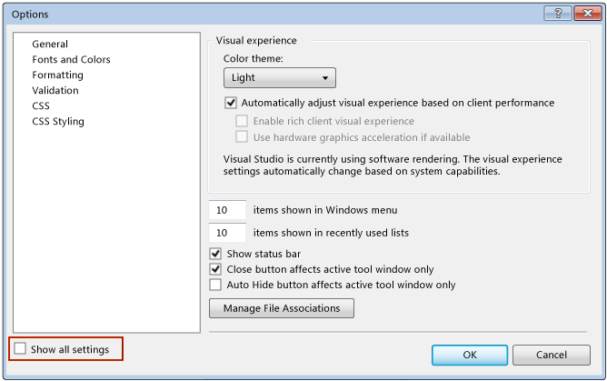 Options dialog box wirh Show all settings option