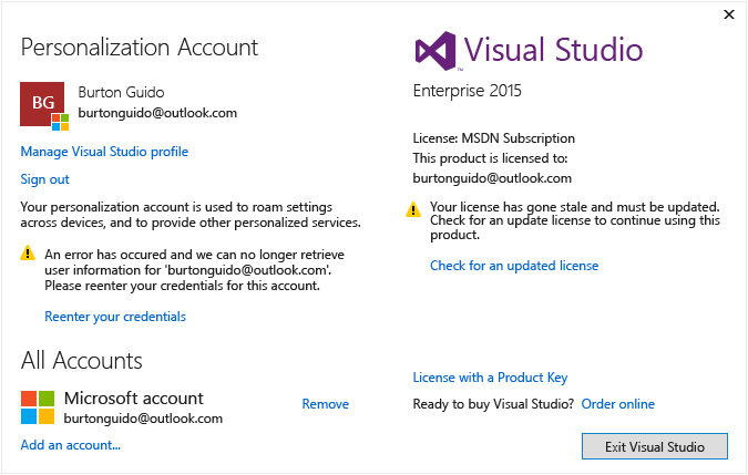 Visual Studio User Information Dialog