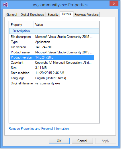 Example of the Properties dialog box in an unattended installation of Visual Studio