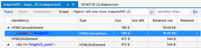 Snapshot diff view showing types